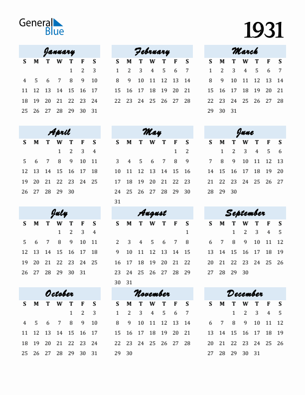 Calendar 1931 Free Download and Print