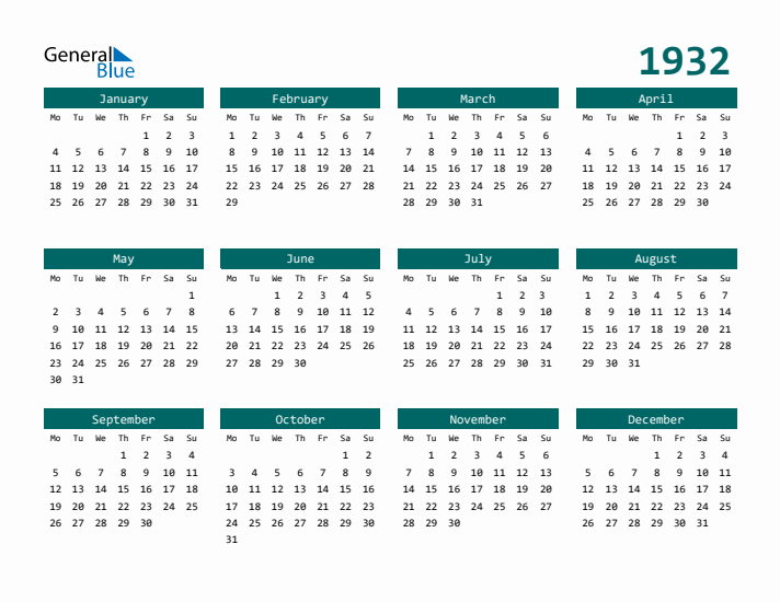 Downloadable 1932 Calendar