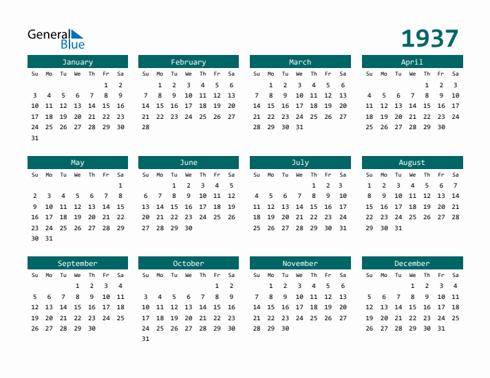 Downloadable 1937 Calendar