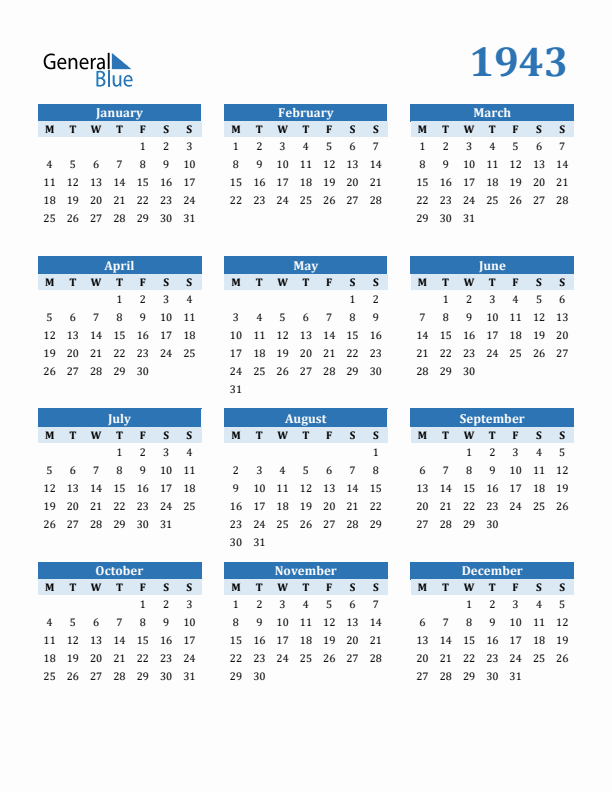 1943 Year Calendar with Monday Start