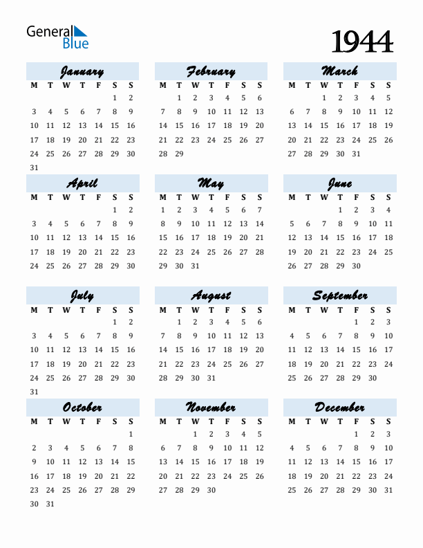 Calendar 1944 Free Download and Print