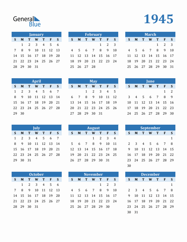 1945 Year Calendar with Sunday Start