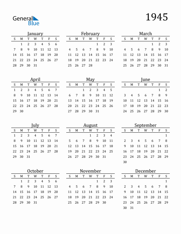 Free Printable Calendar 1945 with Sunday Start