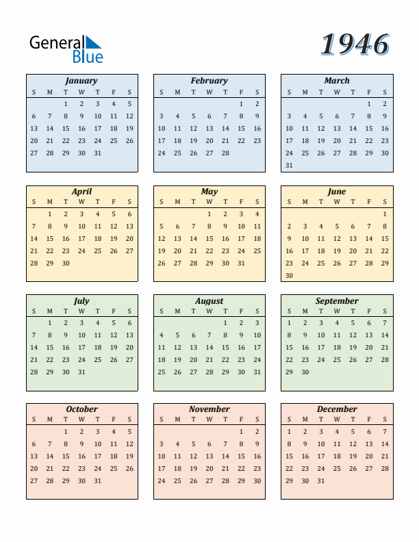 Calendar for 1946 (Sunday Start)