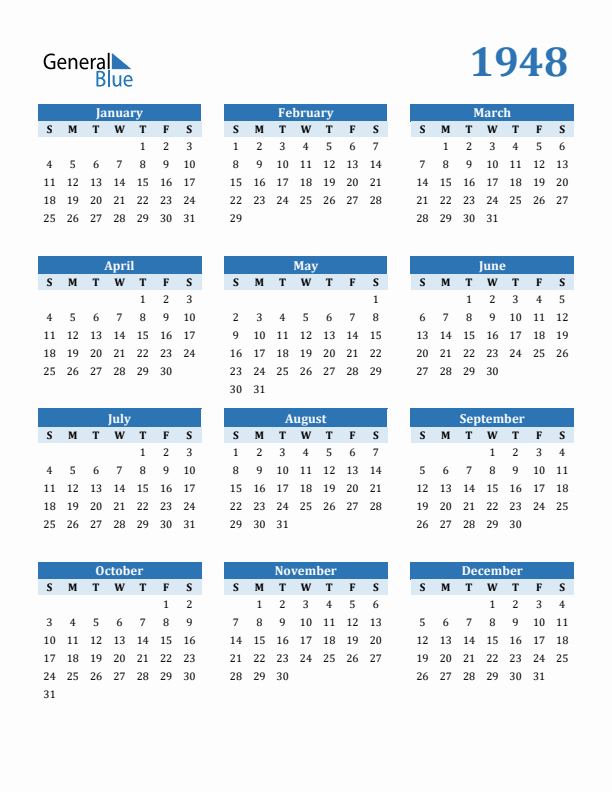 Free 1948 Year Calendar in PDF, Word, and Excel