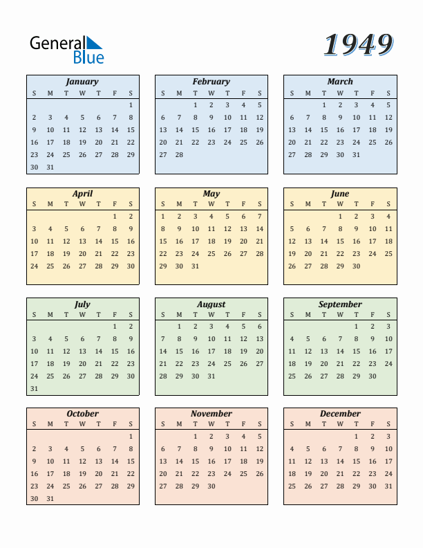 Calendar for 1949 (Sunday Start)