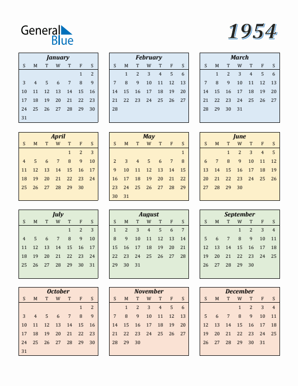 Calendar for 1954 (Sunday Start)