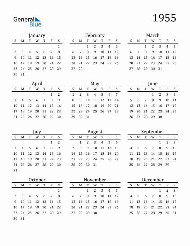 Free Printable Calendar 1955 with Sunday Start