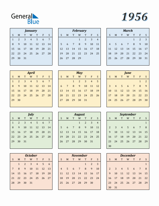 Calendar for 1956 (Sunday Start)