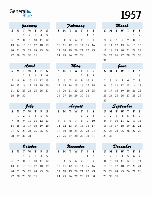 Calendar 1957 Free Download and Print