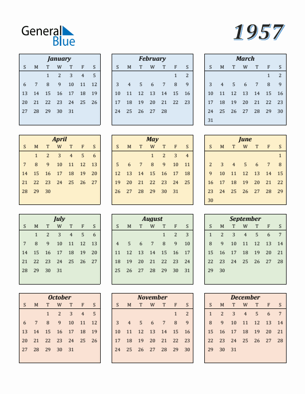 Calendar for 1957 (Sunday Start)