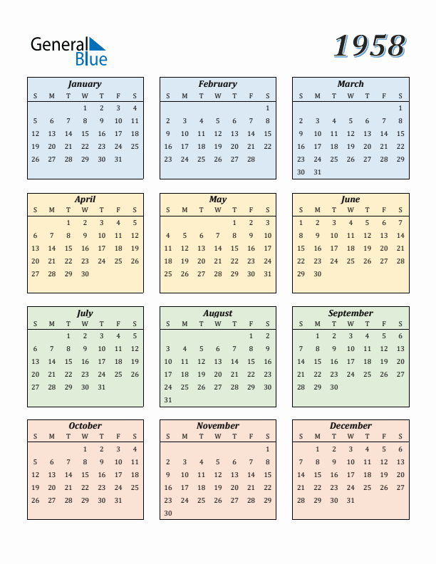 Calendar for 1958 (Sunday Start)