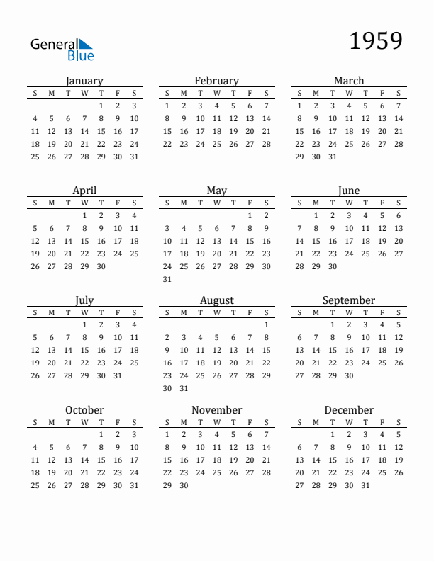 Free Printable Calendar 1959 with Sunday Start