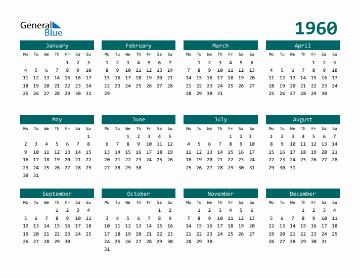 Downloadable 1960 Calendar