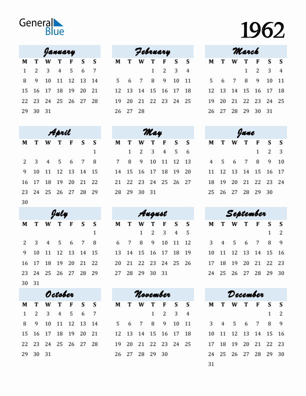 Calendar 1962 Free Download and Print