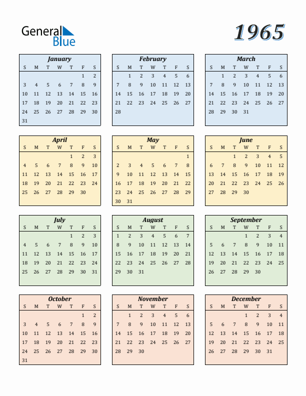 Calendar for 1965 (Sunday Start)