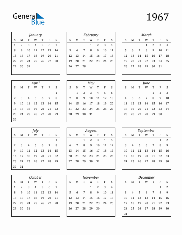 Blank Calendar 1967