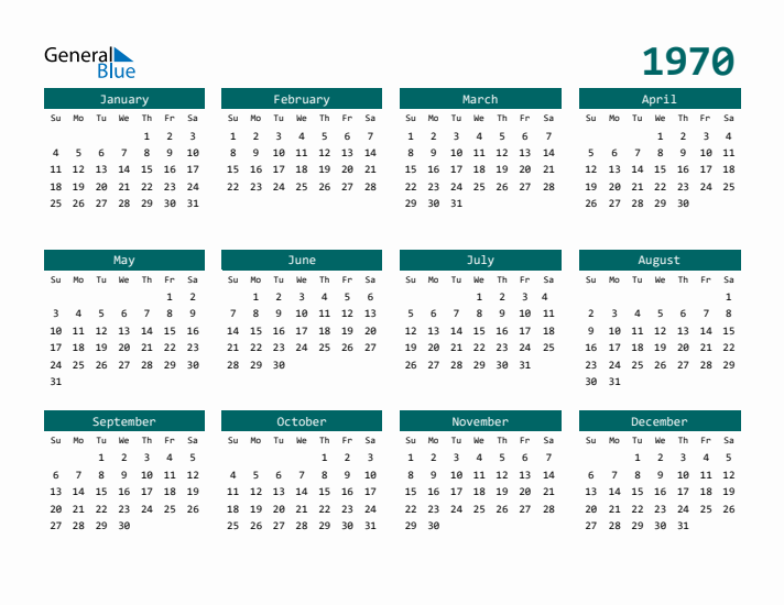 Downloadable 1970 Calendar