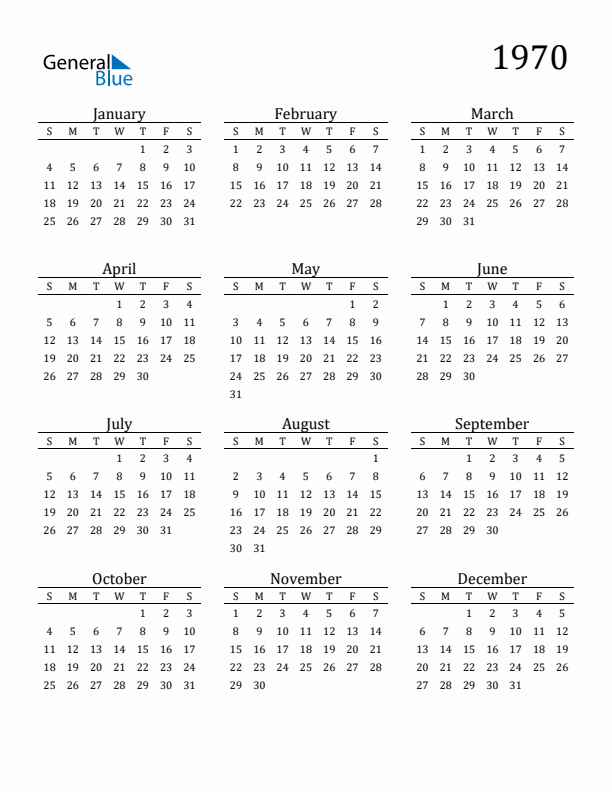 Free Printable Calendar 1970 with Sunday Start