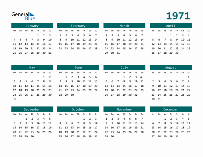 Downloadable 1971 Calendar