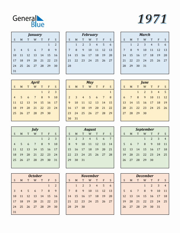 Calendar for 1971 (Sunday Start)