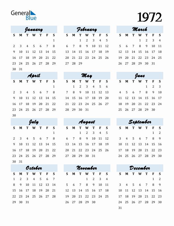 Calendar 1972 Free Download and Print