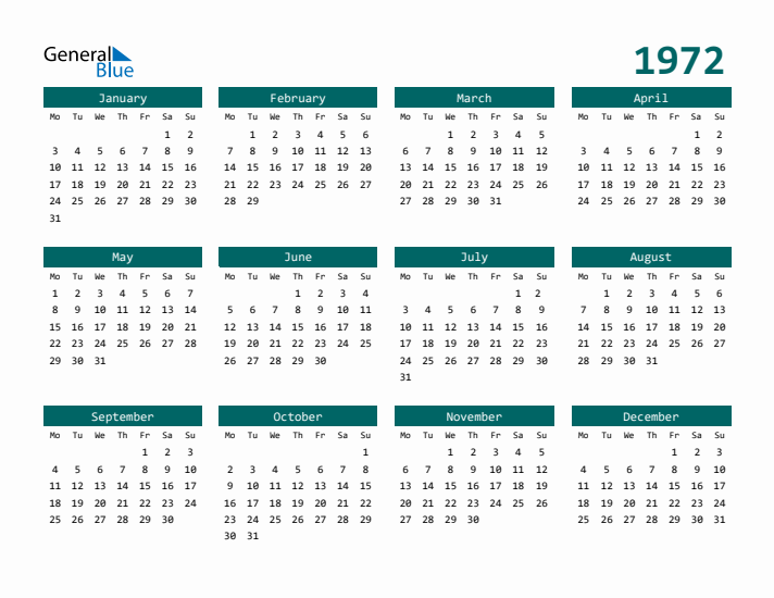 Downloadable 1972 Calendar