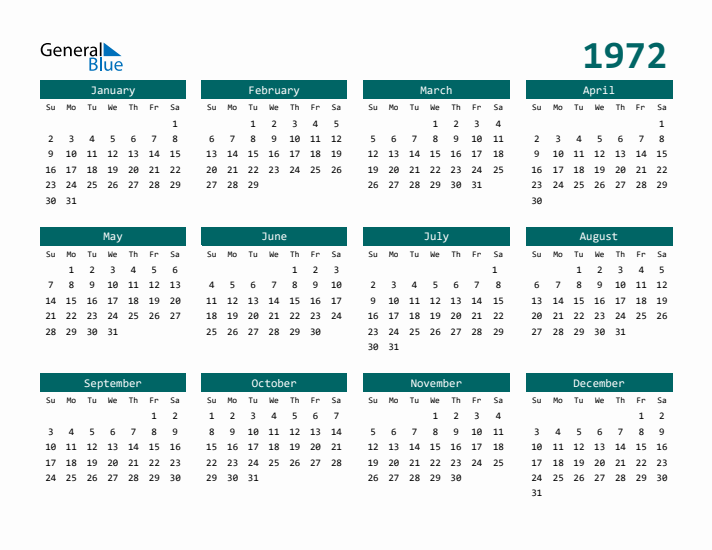 Downloadable 1972 Calendar