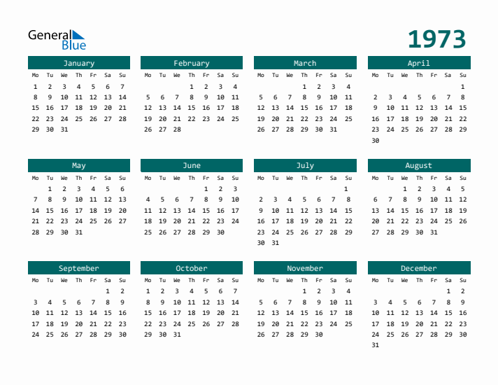 Downloadable 1973 Calendar