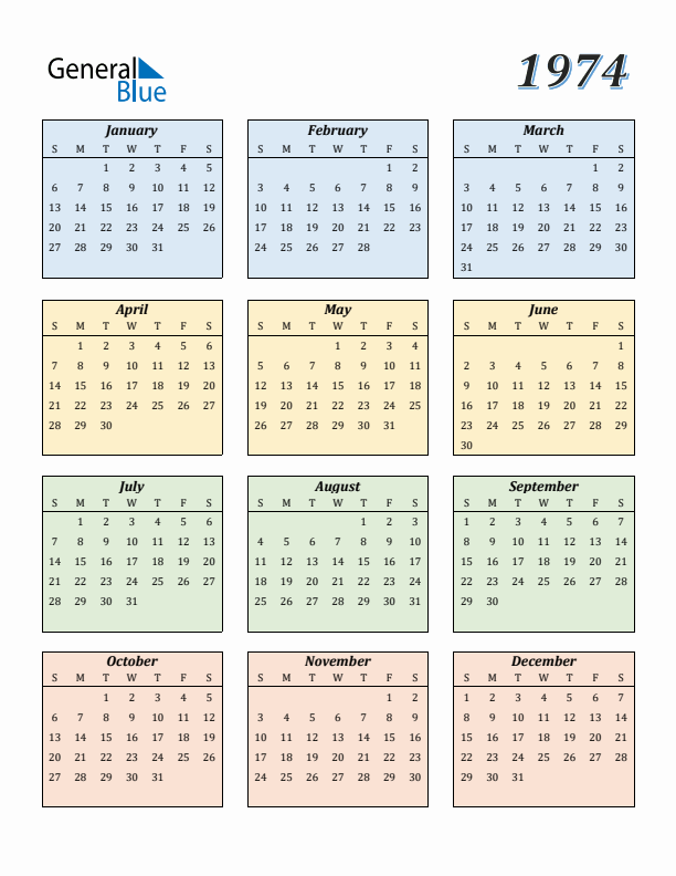 Calendar for 1974 (Sunday Start)