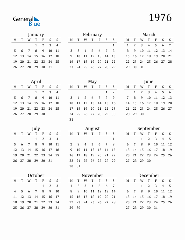 Free Printable Calendar 1976 with Monday Start