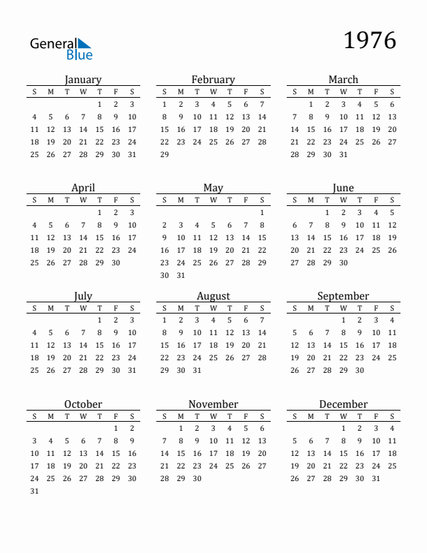 Free Printable Calendar 1976 with Sunday Start