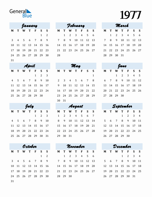 Calendar 1977 Free Download and Print