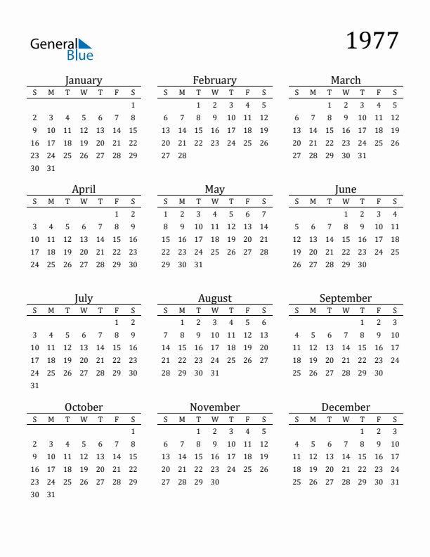 Free Printable Calendar 1977 with Sunday Start