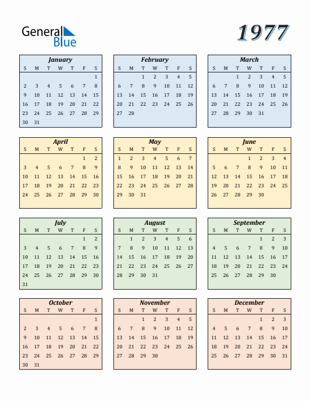 Calendar for 1977 (Sunday Start)