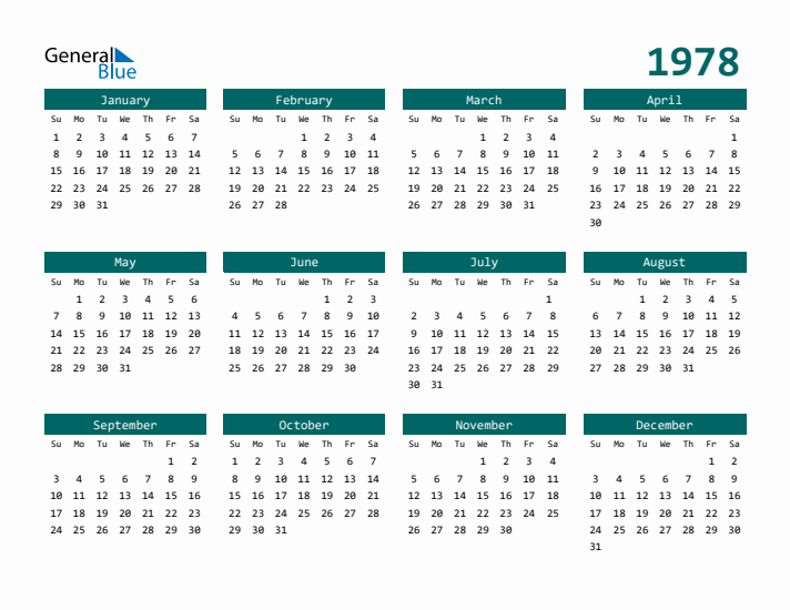 Downloadable 1978 Calendar