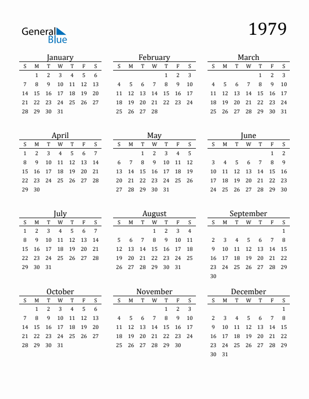 Free Printable Calendar 1979 with Sunday Start