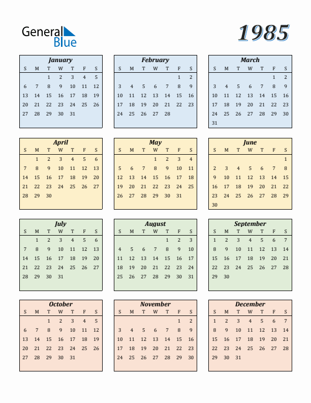 Calendar for 1985 (Sunday Start)