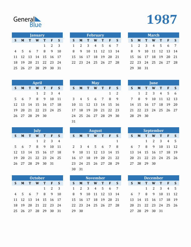 1987 Year Calendar with Sunday Start