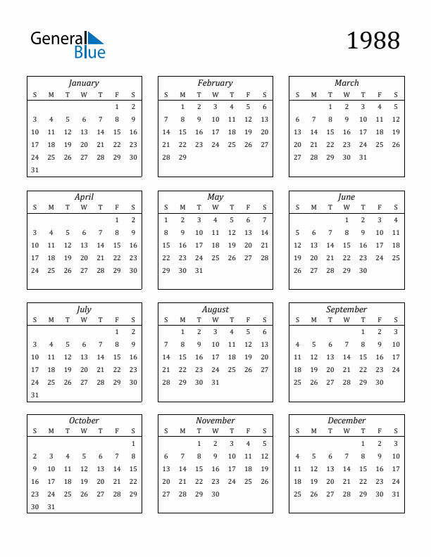 Blank Calendar 1988