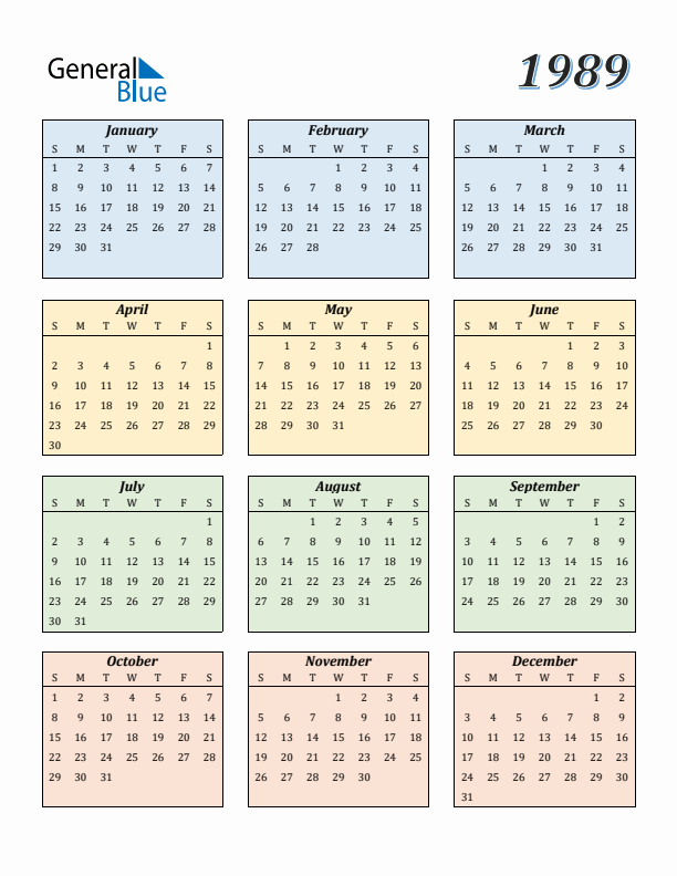 Calendar for 1989 (Sunday Start)