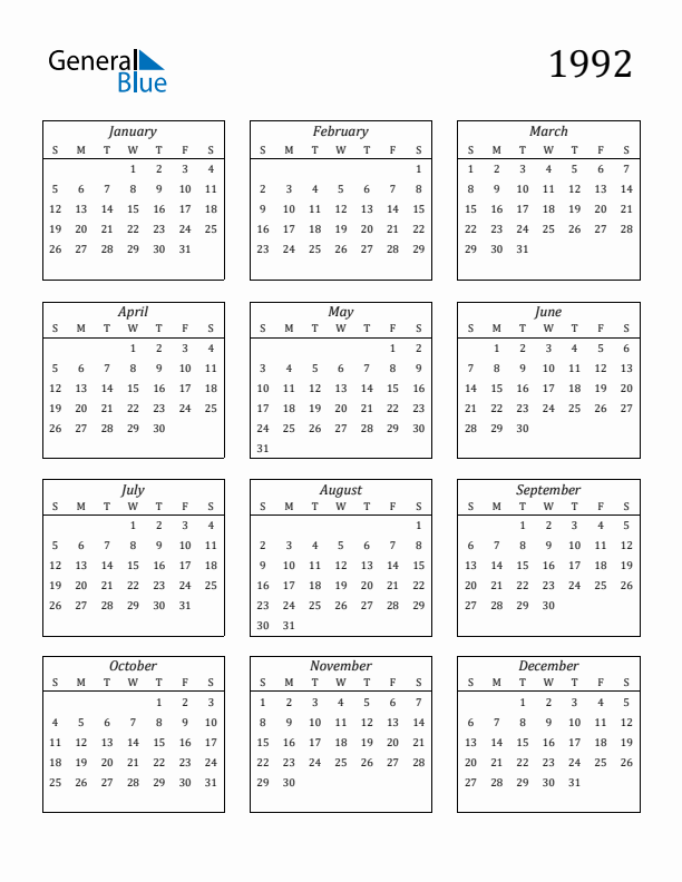 Blank Calendar 1992