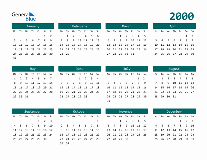 Downloadable 2000 Calendar