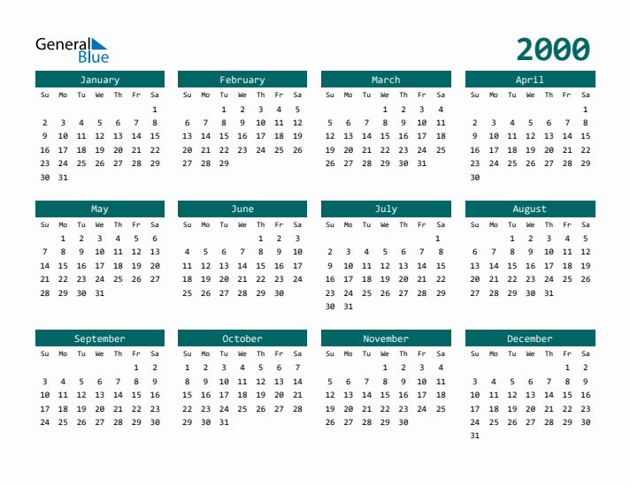 Downloadable 2000 Calendar