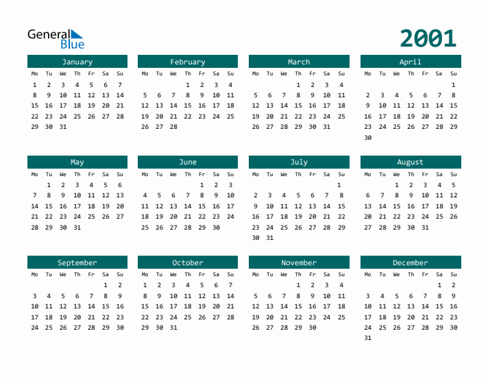 Downloadable 2001 Calendar