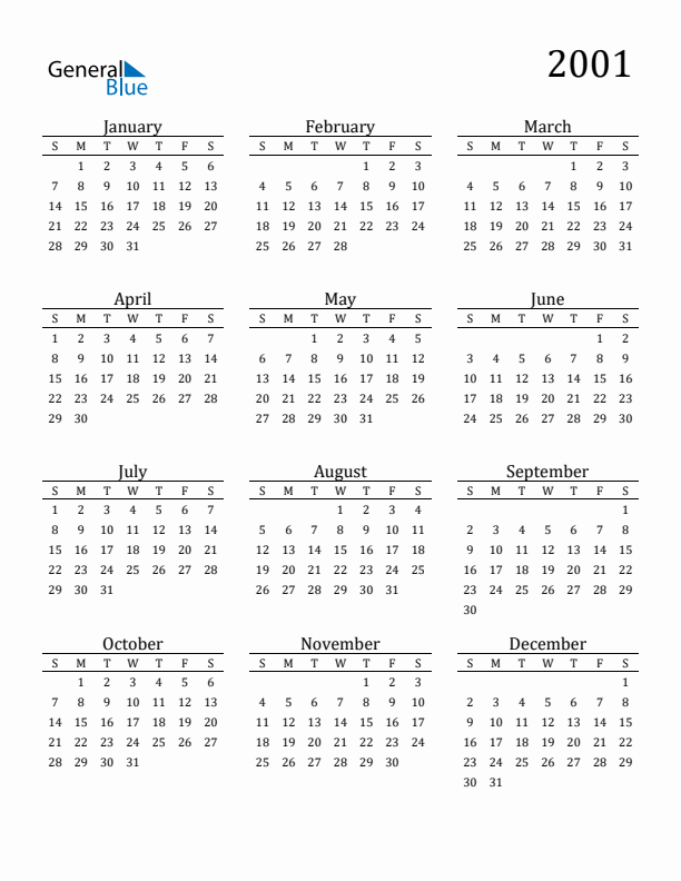 Free Printable Calendar 2001 with Sunday Start