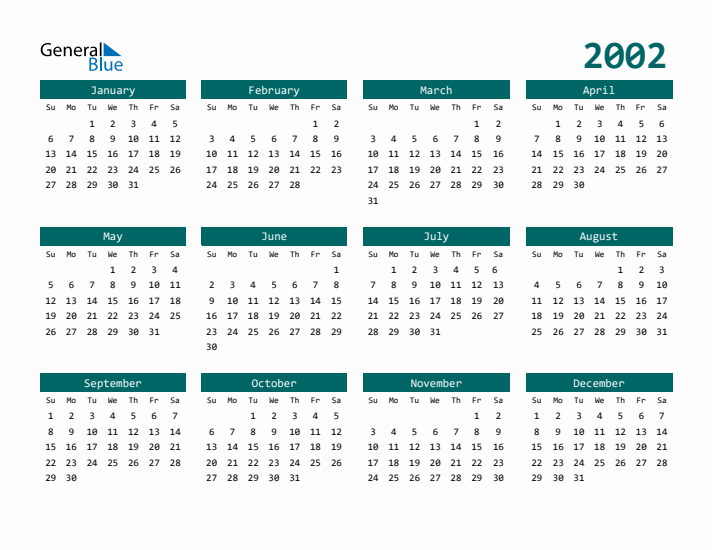 Downloadable 2002 Calendar