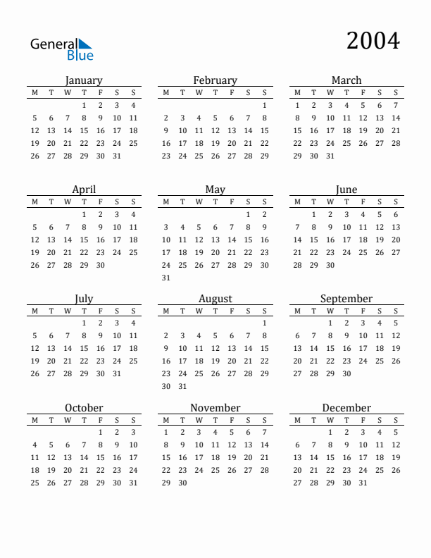 Free Printable Calendar 2004 with Monday Start