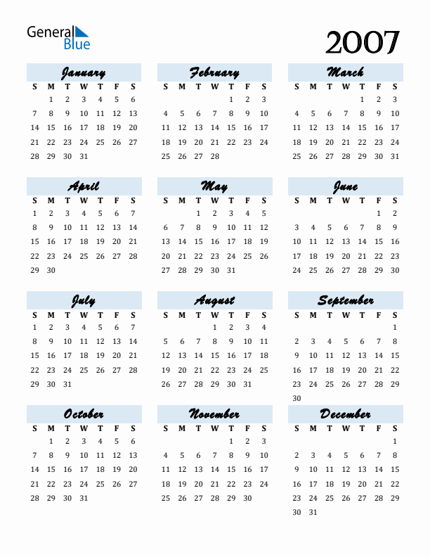 Calendar 2007 Free Download and Print