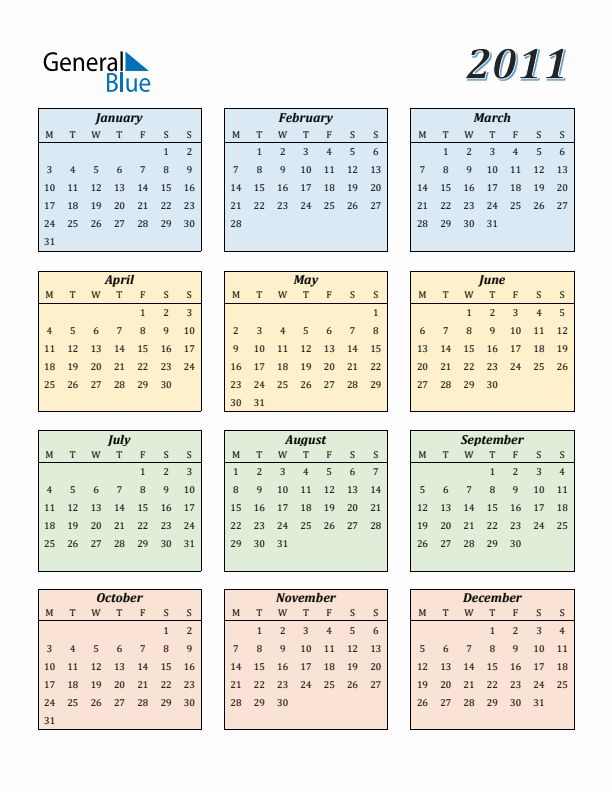 Calendar for 2011 (Monday Start)